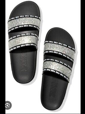 Women's PINK Victoria's Secret Black Slides with Silver Glitter Straps